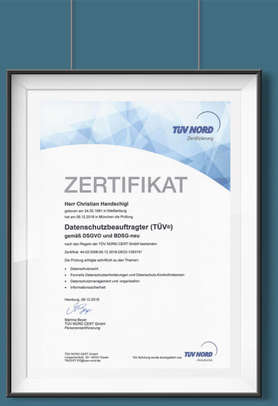 Zertifikat: Christian Handschigl vom TÜV Nord zertifizierter Datenschutzbeauftragter